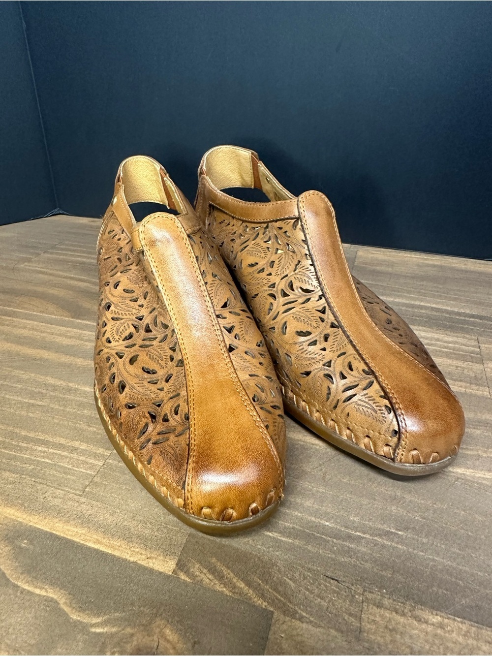 PIKOLINOS Tan Laser-Cut Leather Wedge Shoes